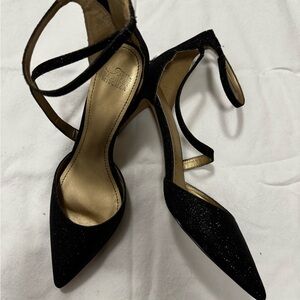 Badgley Mischka Black Glitter Pointed-Toe Strappy Heels